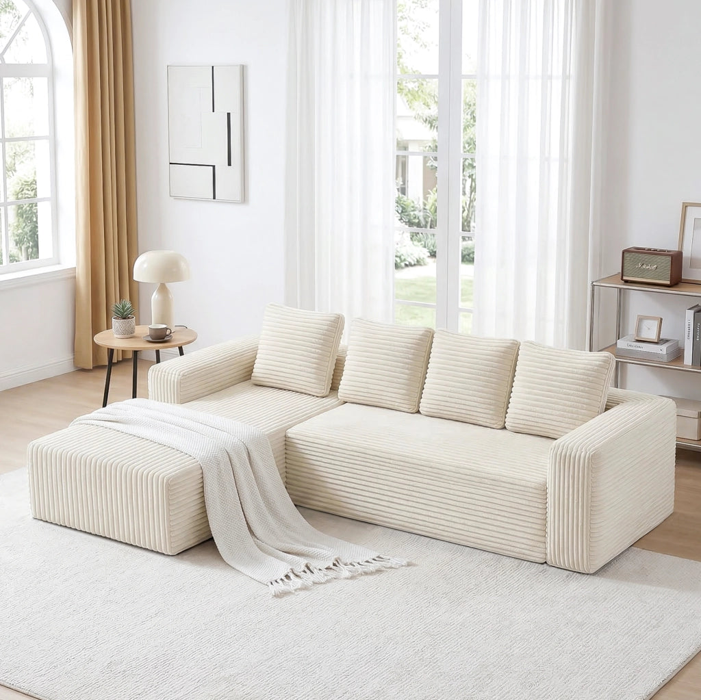 Divano modulare ULEVR a L con chaise longue, seduta profonda in velluto a coste beige, senza montaggio