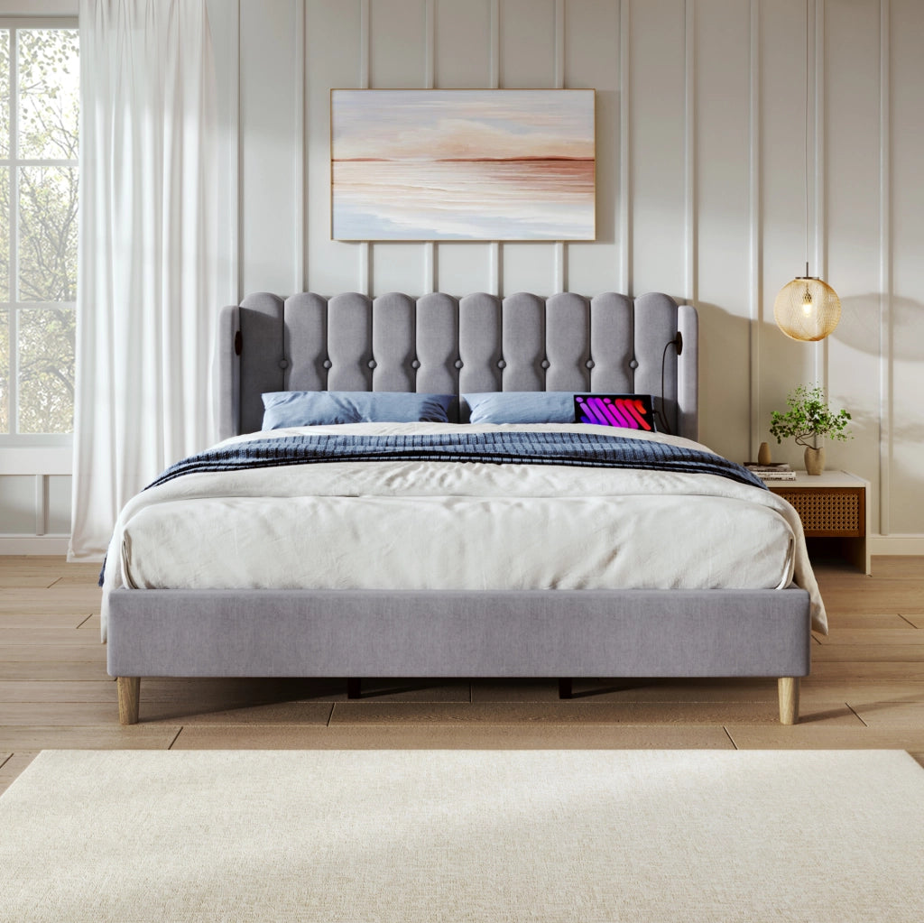 LETTO imbottito 160x200 cm in lino grigio con USB e Type-C