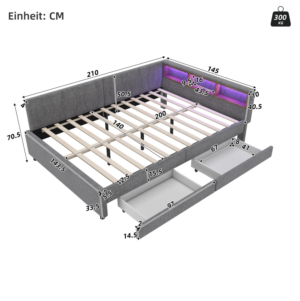 Letto 140x200 cm con LED; USB+Type C e cassetti in lino grigio
