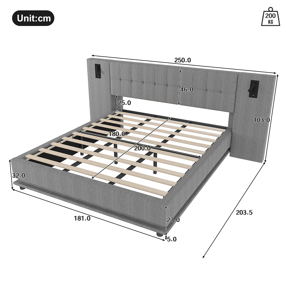 Letto-Xylo-180x200 cm-LED, spot, USB, lino grigio
