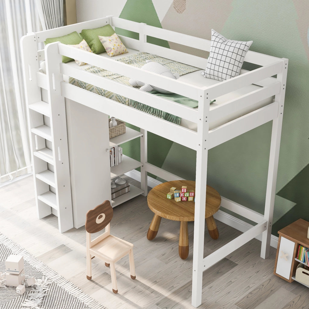 Letto a soppalco per bambini 90x200 cm; bianco con armadio e 6 scaffali