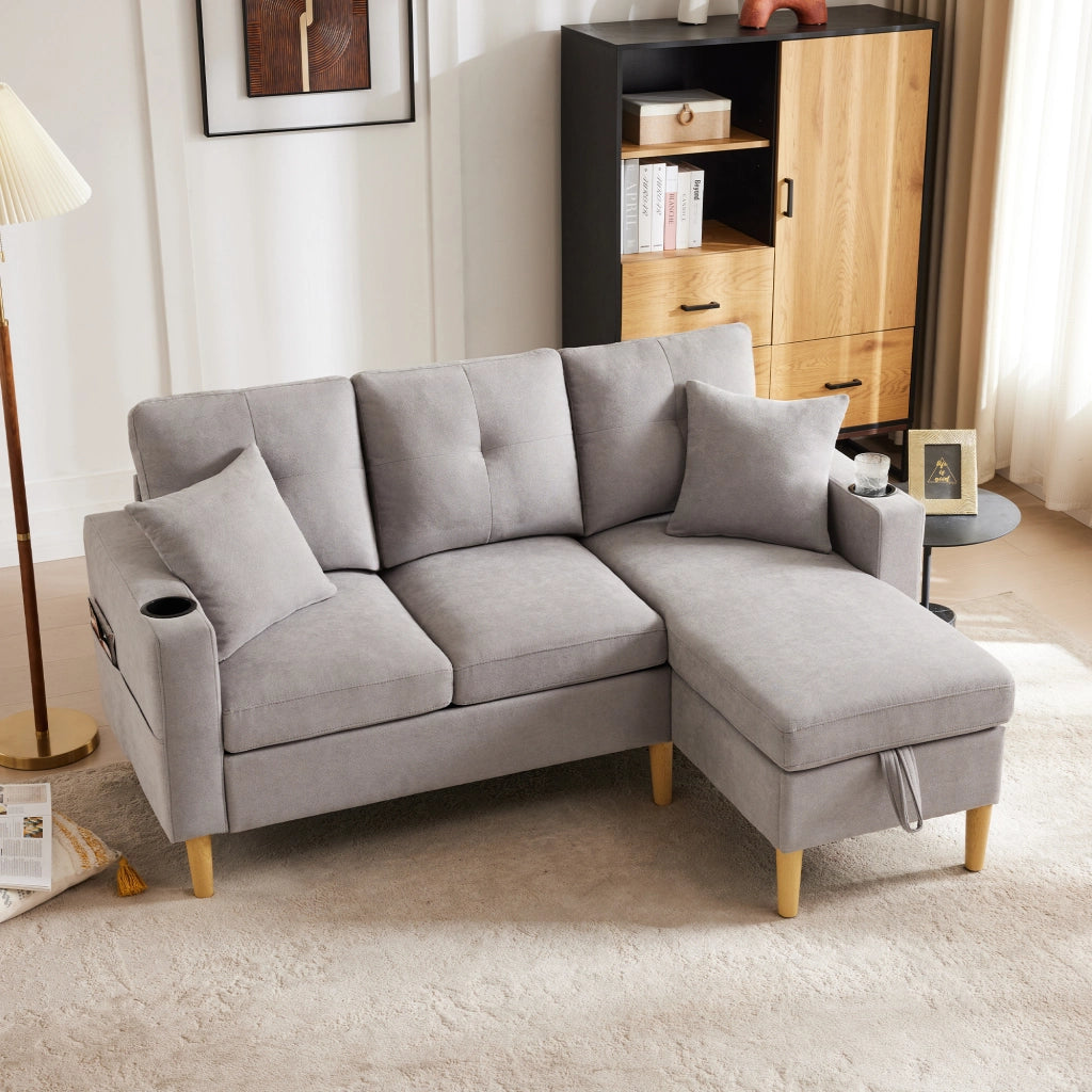 Divano angolare a 3 posti con chaise longue reversibile e vano contenitore grigio chiaro 90 × 175 × 129 cm