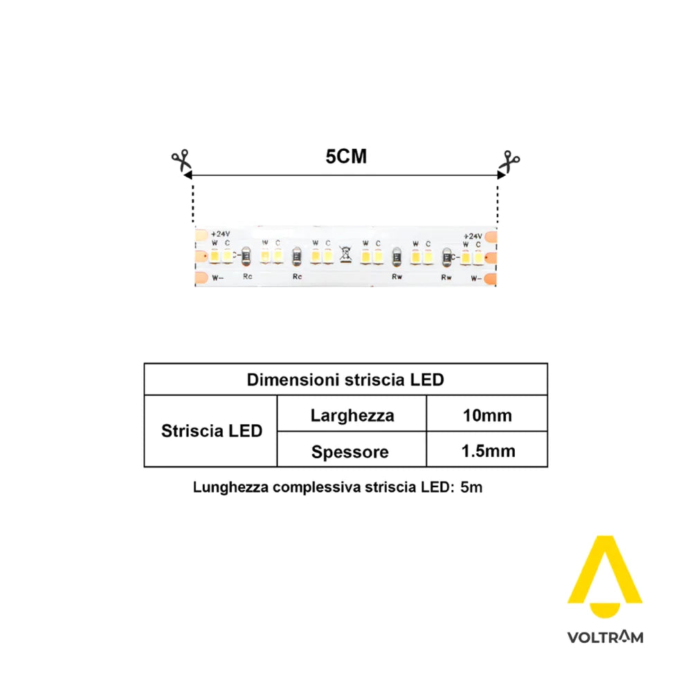 Striscia LED CCT 24V 5m tagliabile ogni 10cm 18W/m luce 2700K-6000K IP20
