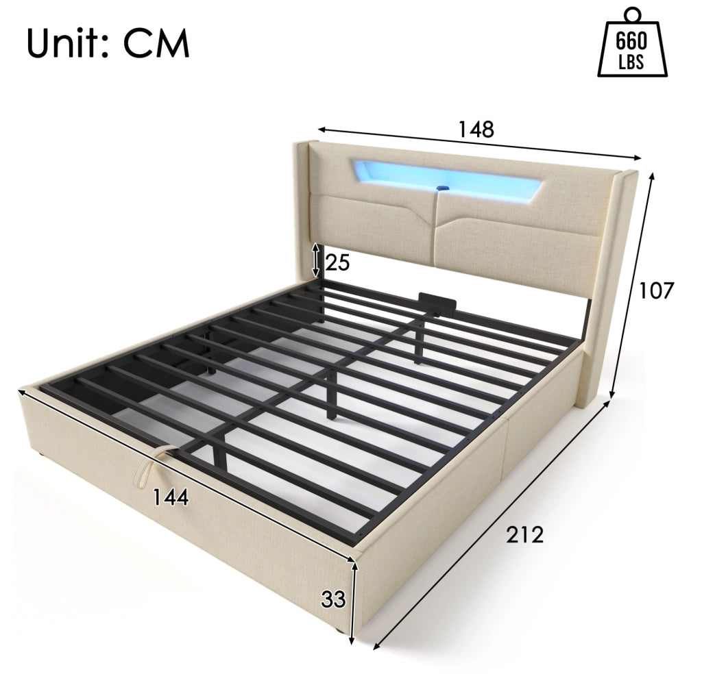 Letto matrimoniale imbottito 140x200 cm in lino beige con LED, USB e Type-C