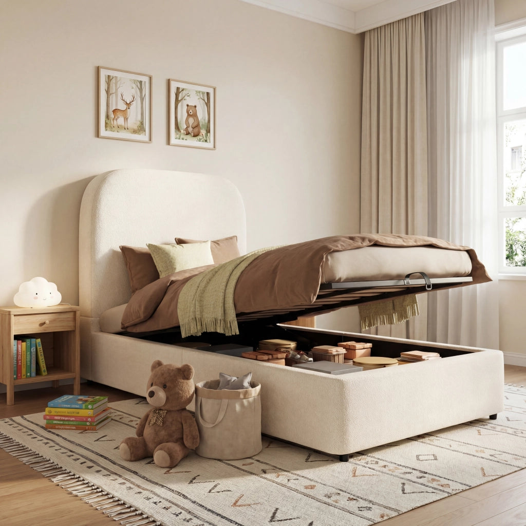 letto imbottito bouclé beige 90 x 200 cm
