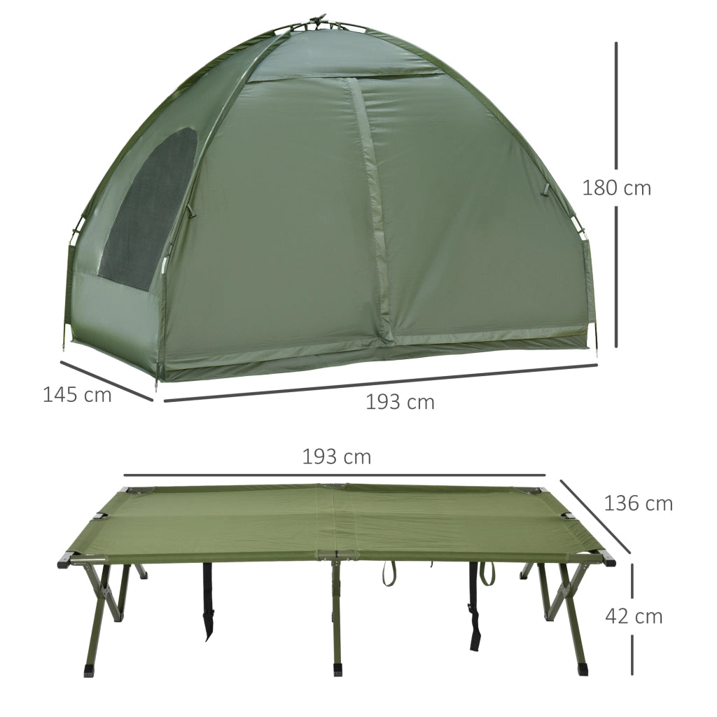 Letto da campeggio rialzato per 2 persone con tenda; materasso gonfiabile e pompa a pedale verde in tessuto Oxford