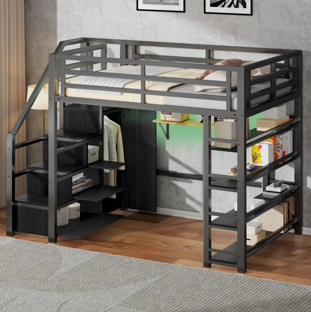 Letto a soppalco 140x200 cm con LED; libreria; armadio e scala contenitore; nero