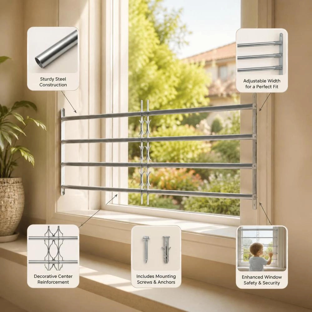 Adjustable Window Security Grille, Galvanized Steel With Decorative Bars, Anti-Theft Protection For Home Office, Silver, Width 1000-1500 Mm