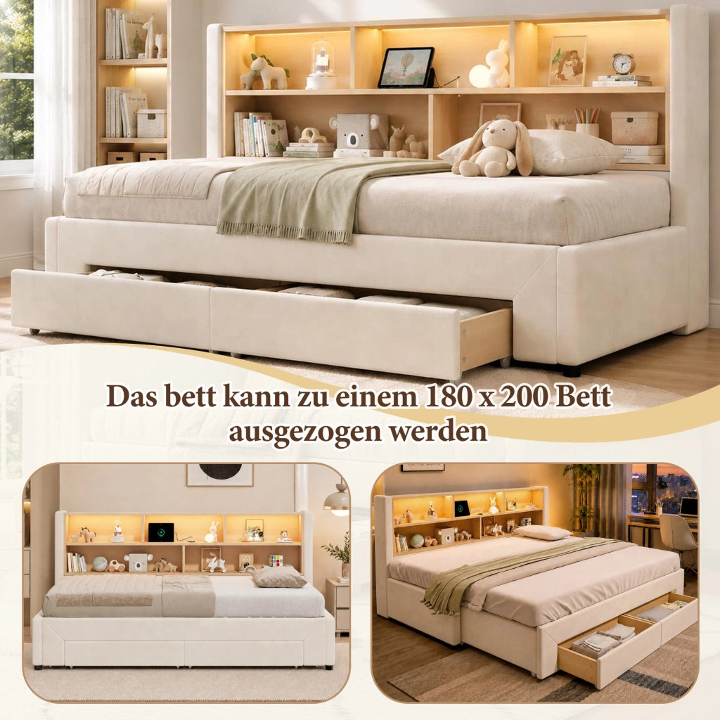 Letto per bambini estraibile 90x200 cm con LED; USB e Type-C; 2 cassetti; velluto beige