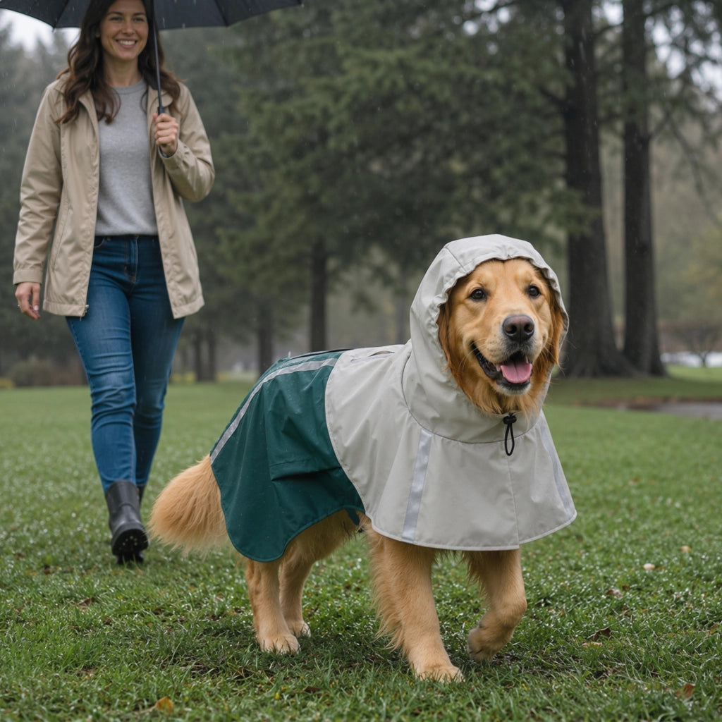 Impermeabile per Cani con Cappuccio Foro per Guinzaglio e Strisce Riflettenti per Cani di Taglia Grande Verde