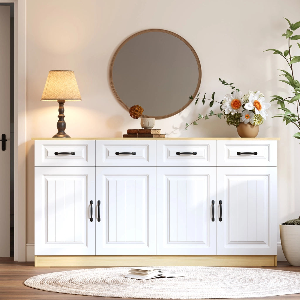 Credenza 160x35x80 cm con 4 cassetti e 4 ante in MDF bianco