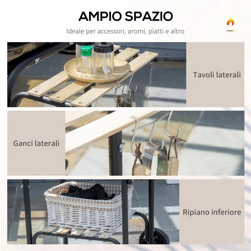 BARBECUE A CARBONE CON COPERCHIO RIPIANI E RUOTE COMPLETO DI SPATOLA PINZA E COLTELLO NERO