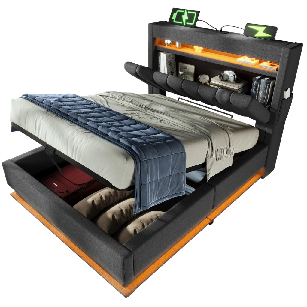 Letto singolo imbottito 90x200 cm con contenitore, USB Type-C, LED e materasso, grigio