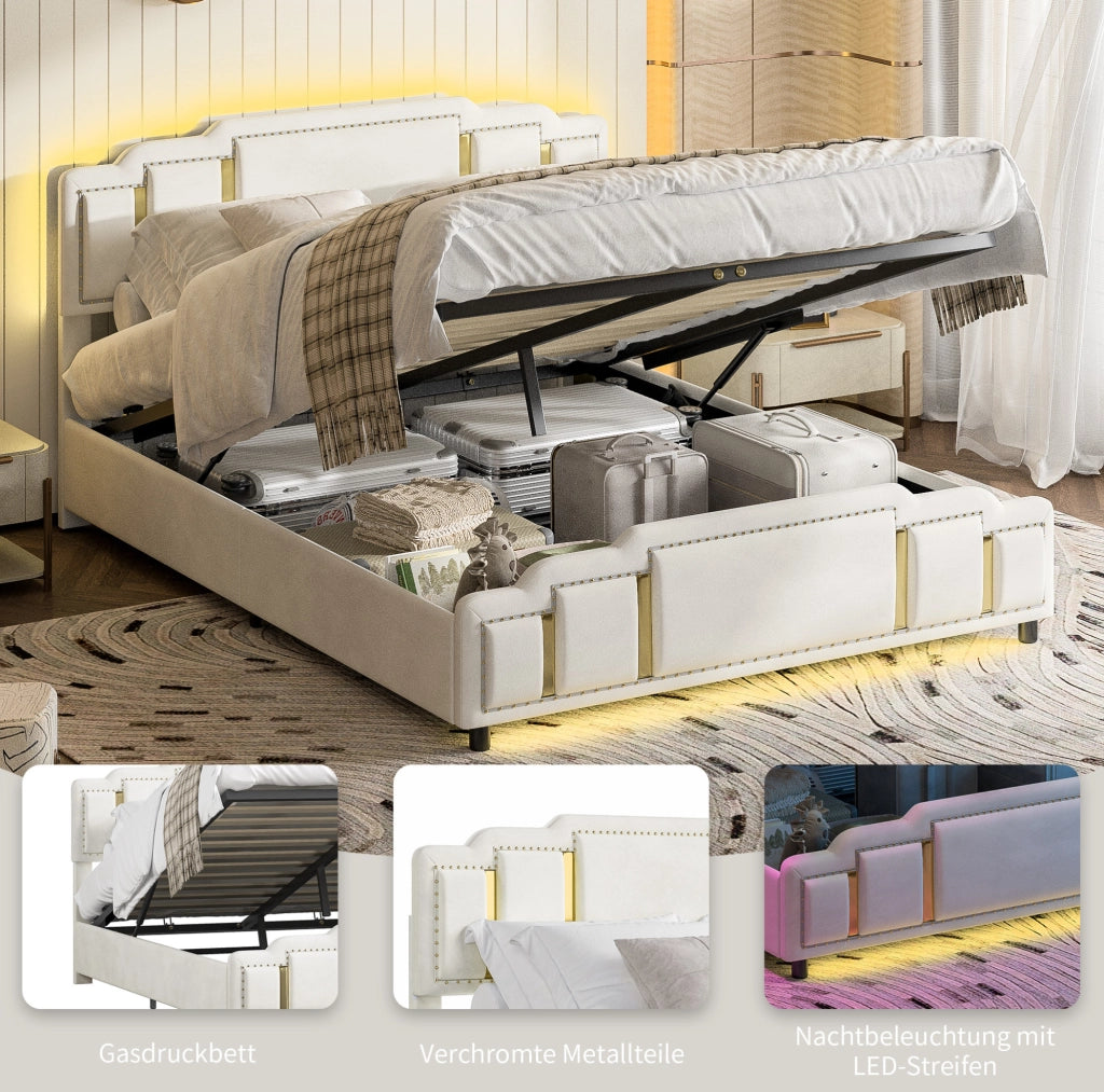 Letto contenitore 140x200 cm in velluto beige con LED