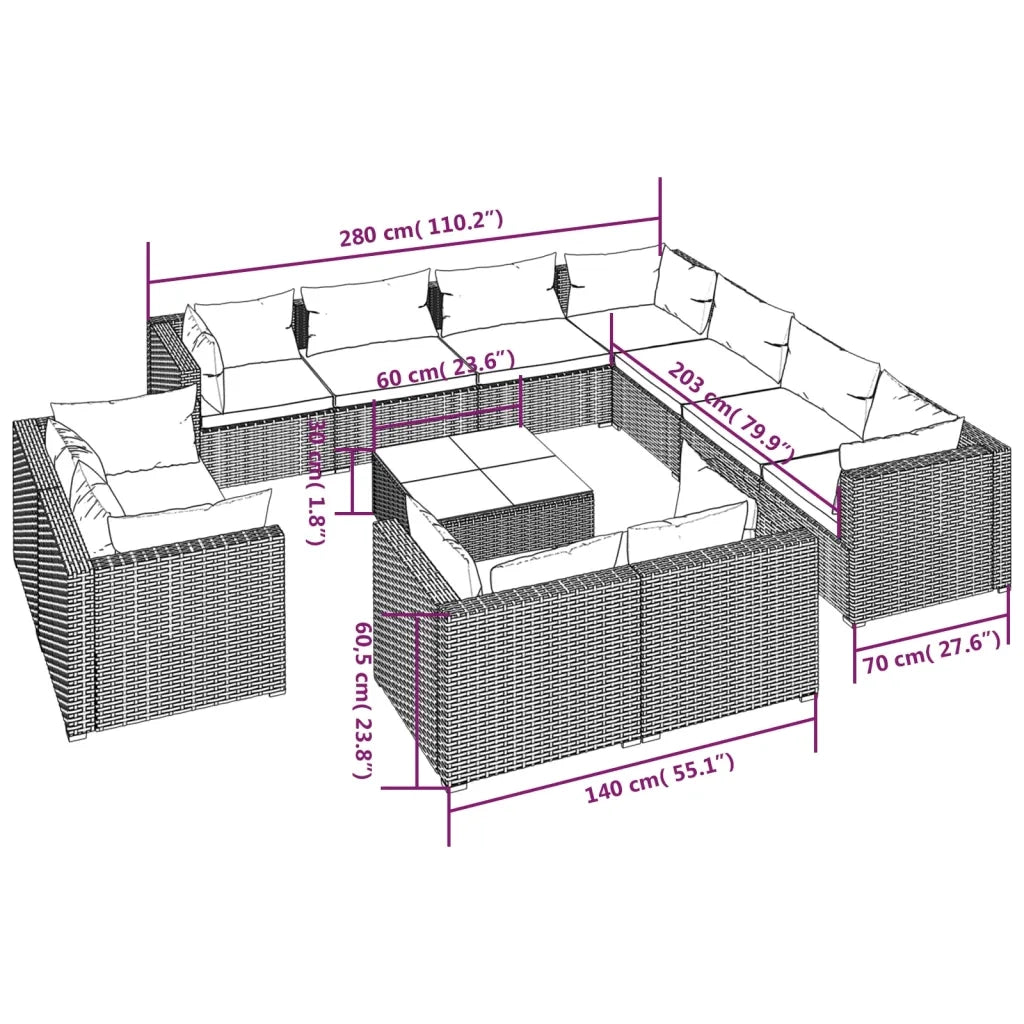 Set Divani da Giardino 12 pz con Cuscini in Polyrattan Marrone 3102883