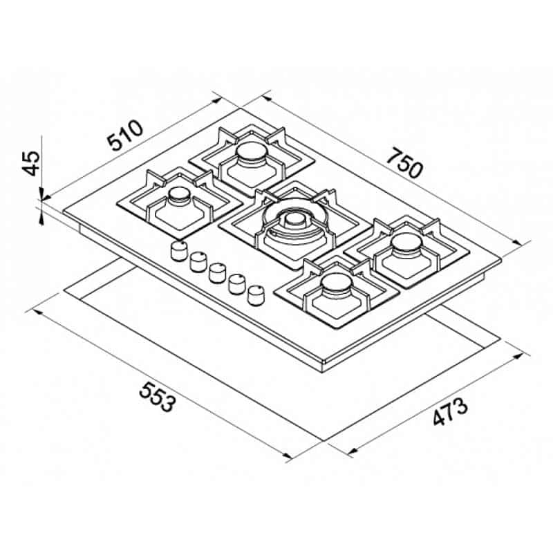 Piani cottura da incasso elleci Plano 75 TCC 5 fuochi Metaltek 73 Grigio Titanium PMSP75173CS