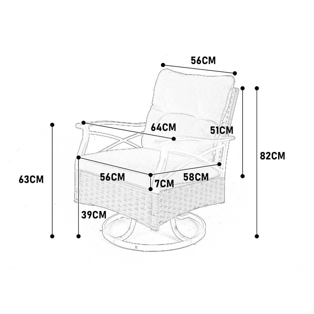 OKWISHPoltrone da giardino con tavolo set da 3 girevoli e basculanti 360° con cuscini in acciaio e rattan sintetico grigio