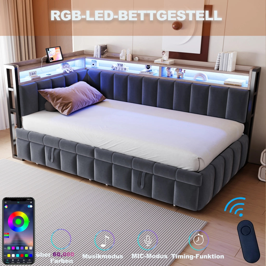 Divano letto estraibile 90x200 cm con LED, USB e Type-C grigio
