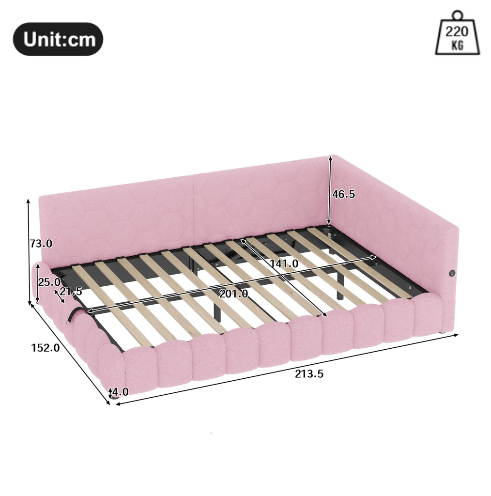 Letto daybed 140x200 cm con contenitore, LED, USB e Type-C, rosa