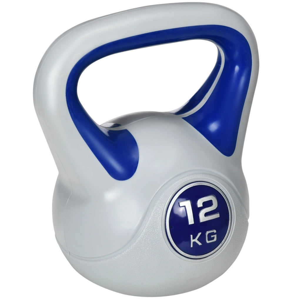 Kettlebell 12 kg blu rivestita in plastica, base piatta stabile