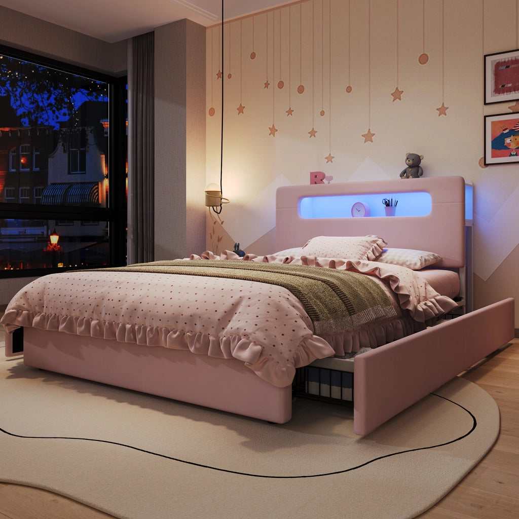 Letto imbottito rosa 140x200 cm con quattro cassetti laterali e LED; velluto