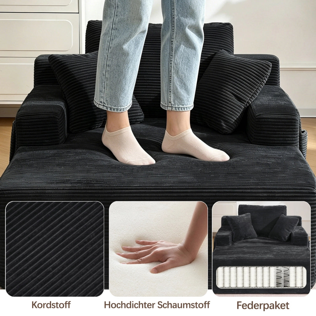 Divano Letto Convertibile con Tasche Laterali, Cuscini, in Corduroy Nero