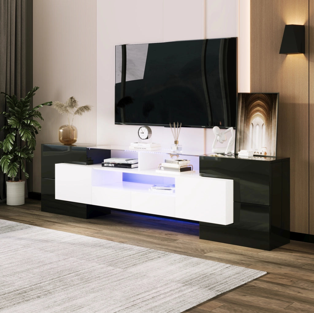Mobile TV 200x35x60 cm con LED multicolore, 4 ante e 2 cassetti in truciolare e MDF
