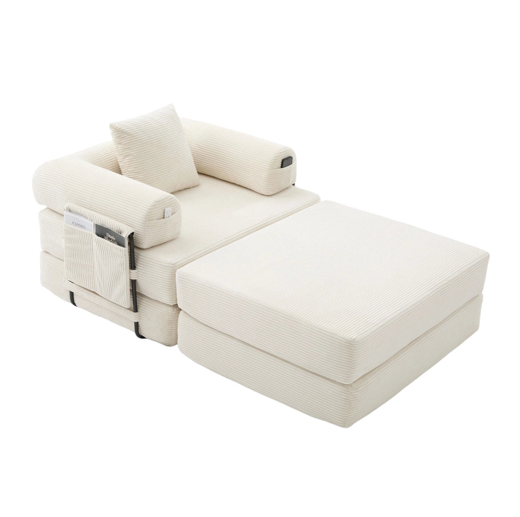 Divano modulare in corduroy beige con pouf, cuscino e tasca laterale