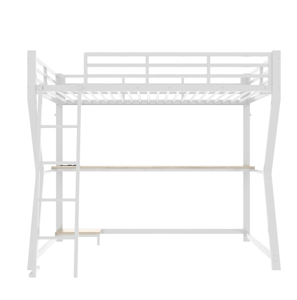Letto a soppalco 90x200 cm con scrivania; LED e prese USB in metallo e MDF