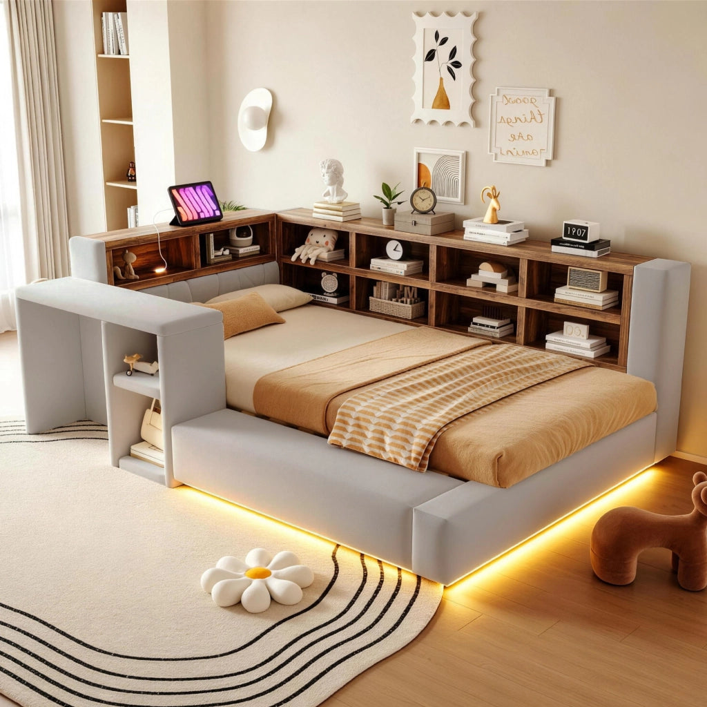 Letto singolo imbottito 90 × 200 cm in velluto grigio chiaro con LED prese integrate e ripiani contenitore