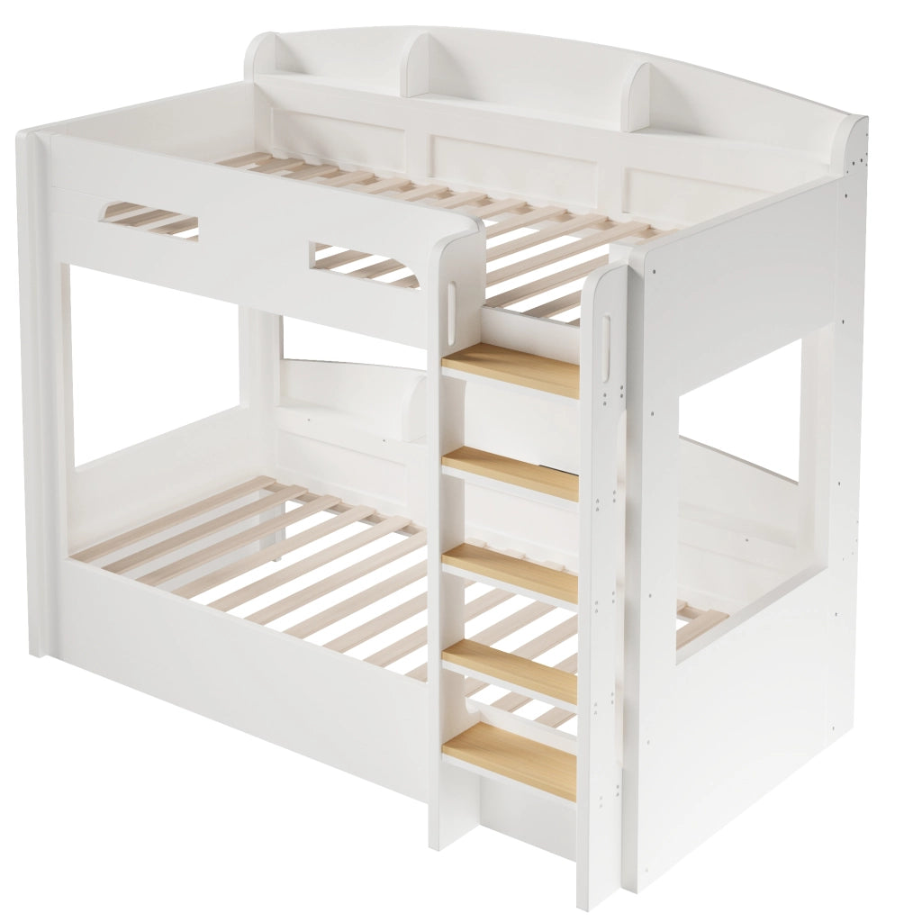 Letto a castello due posti 90 × 200 cm con presa USB e ripiani laterali in legno e MDF