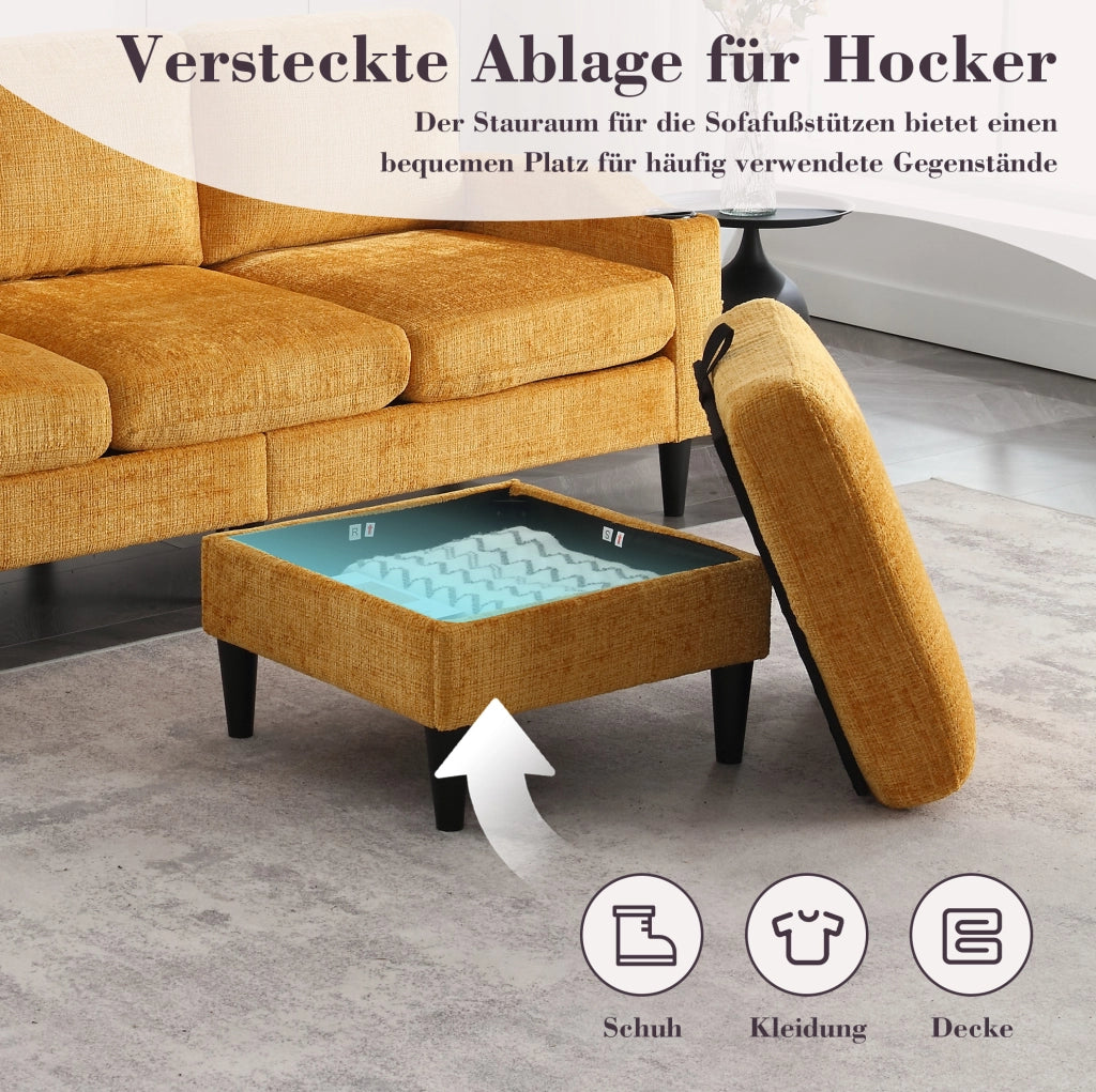 DIVANO 4 POSTI 196,5x75x77 cm in Chenille Giallo con Pouf e Contenitore