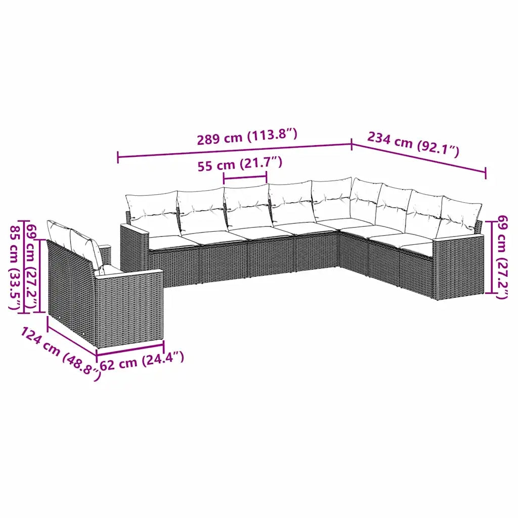 Set Divani da Giardino 10pz con Cuscini in Polyrattan Nero