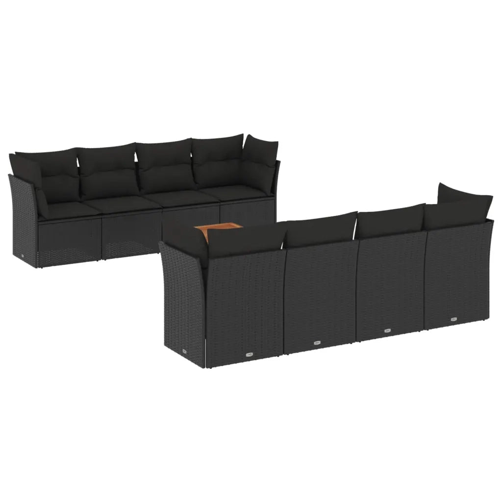Set Divani da Giardino 9 pz con Cuscini Nero in Polyrattan