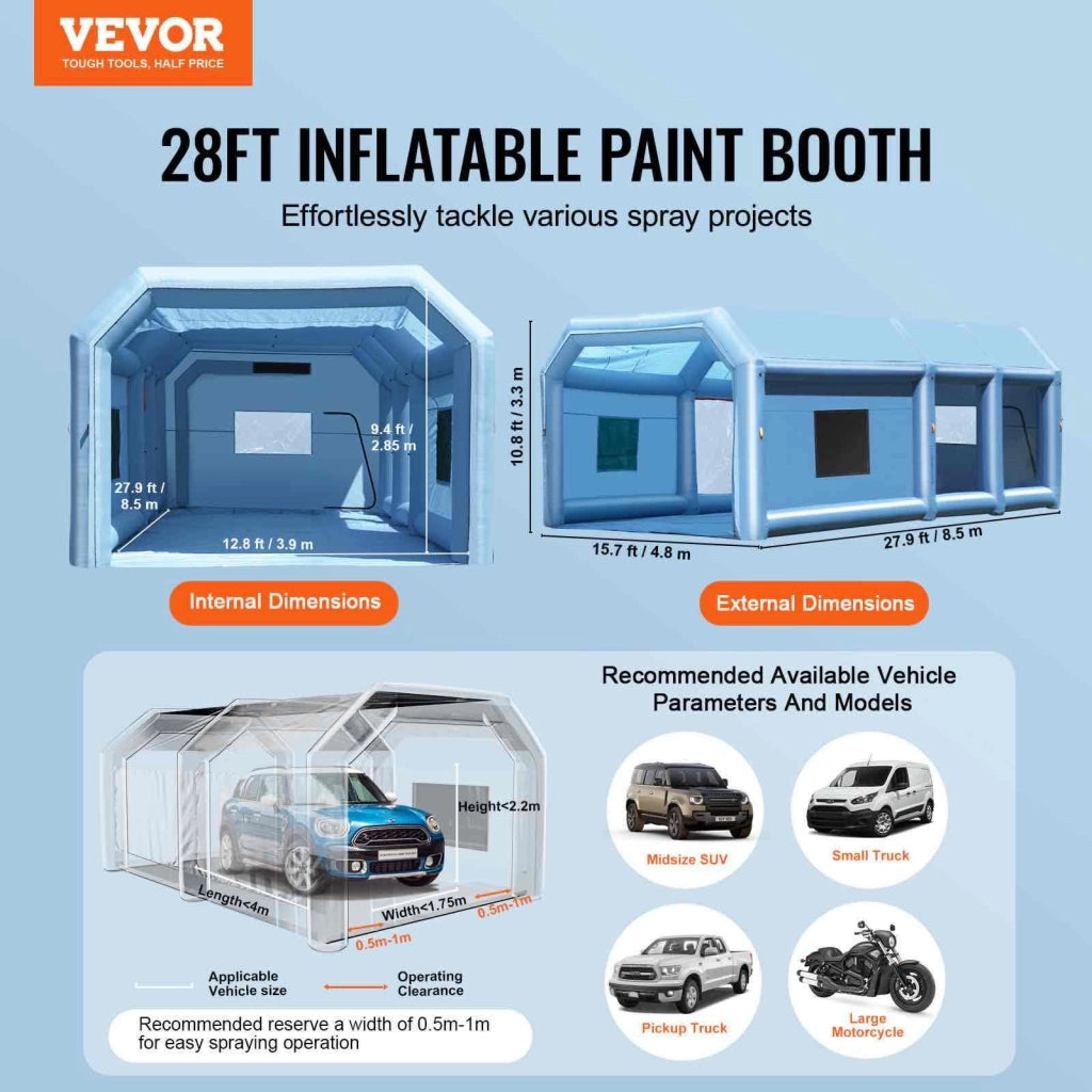 Cabina di Verniciatura Gonfiabile 8,5 x 4,8 x 3,3 m con Ventilatori 950W+750W Sistema di Filtro Tenda Portatile per Auto e Moto