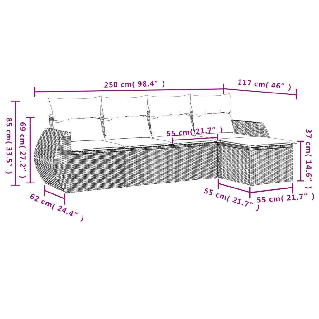 Set Divano da Giardino 5 pz con Cuscini Grigio in Polyrattan