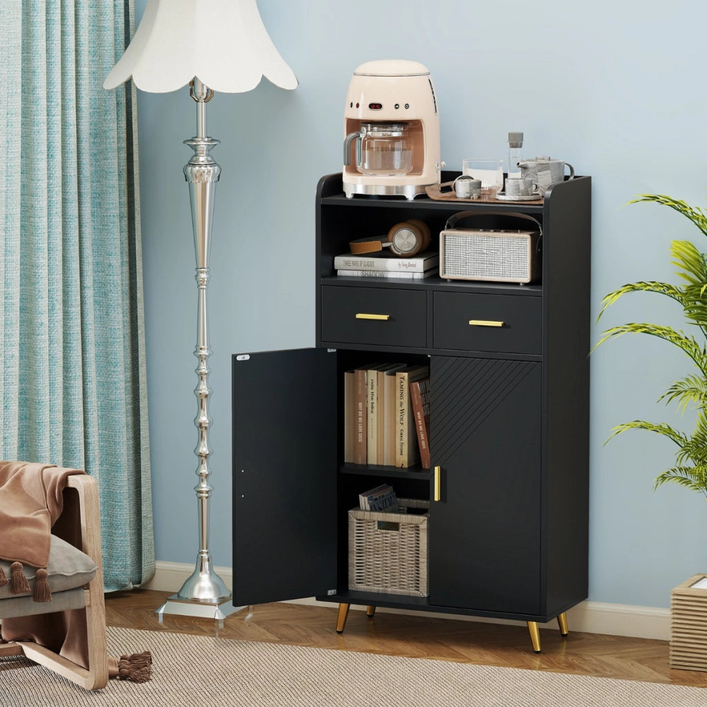 Mobile dispensa 113 cm con ante 2 cassetti e ripiano regolabile per bagno, Armadio da cucina sala da pranzo soggiorno Nero-Credenze buffet