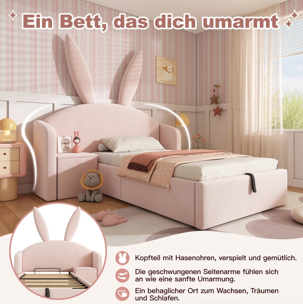 LETTO 90x190 cm in Velluto Rosa con Comodino e Contenitore