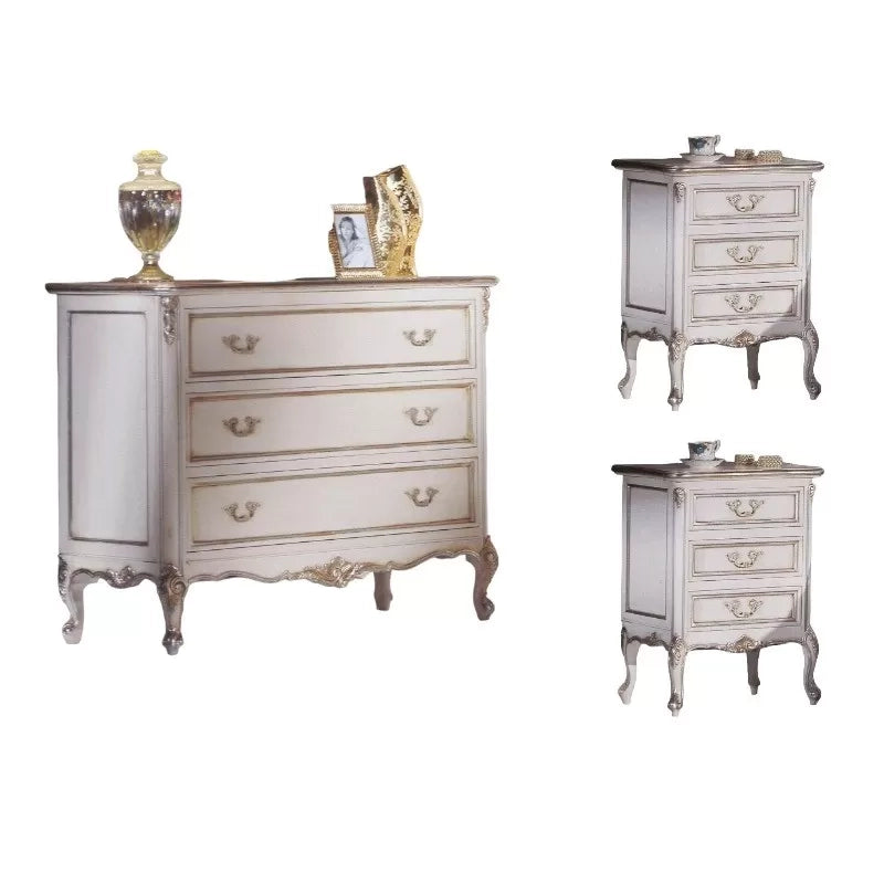 Gruppo cassettiera e comodini 3 cassetti classici legno shabby bianco argento - Mobili 2G
