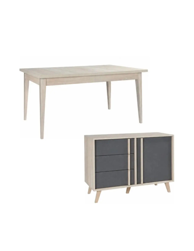 Sala da pranzo completa MALMO con tavolo allungabile 6 posti e buffet alto - Rovere chiaro e grigio