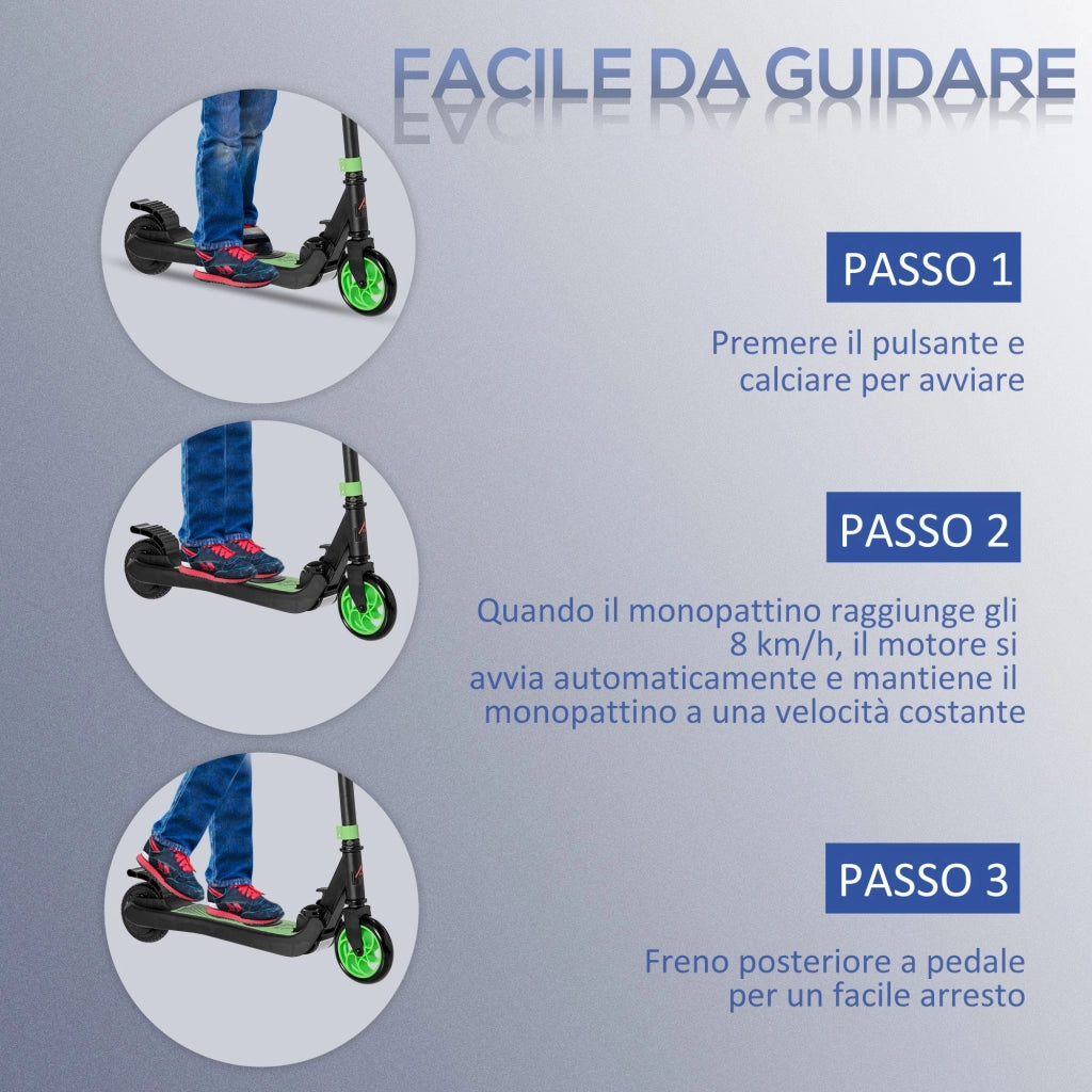 Monopattino Elettrico Pieghevole per Bambini Altezza Regolabile 75-80 cm Nero e Verde