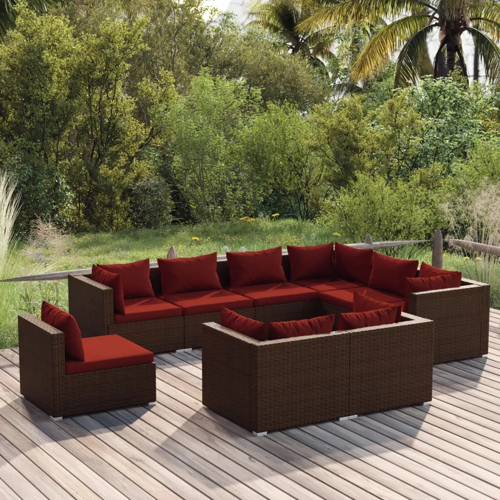 Set Divani da Giardino 9 pz con Cuscini in Polyrattan Marrone 3102643