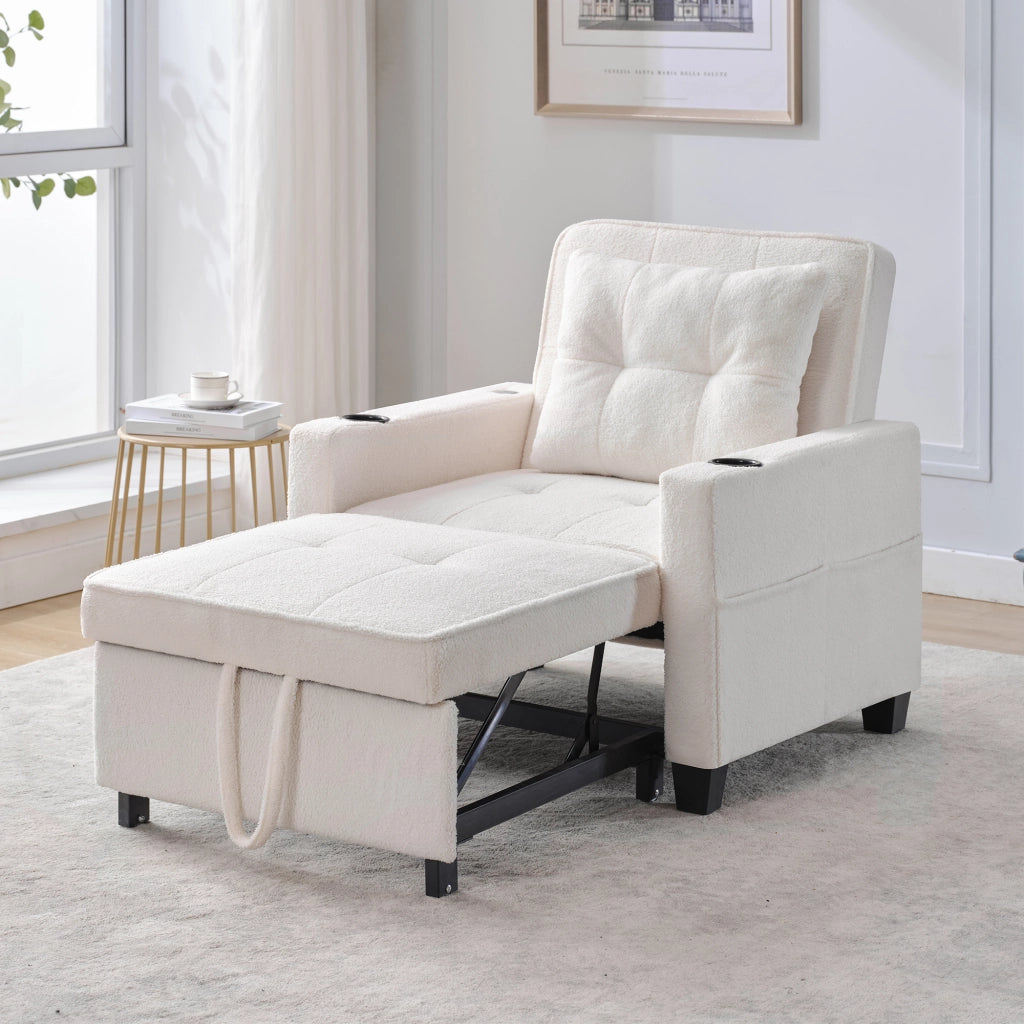 Poltrona letto singola estraibile 3 in 1; schienale regolabile; porta USB; legno e metallo; bianco