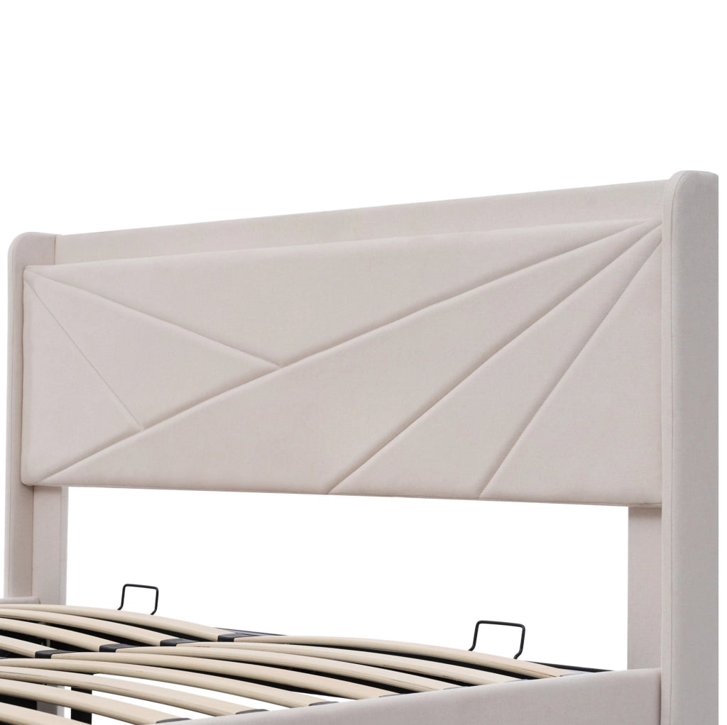 Letto matrimoniale contenitore 160x200 cm in cotone e lino beige con USB e Tipo C