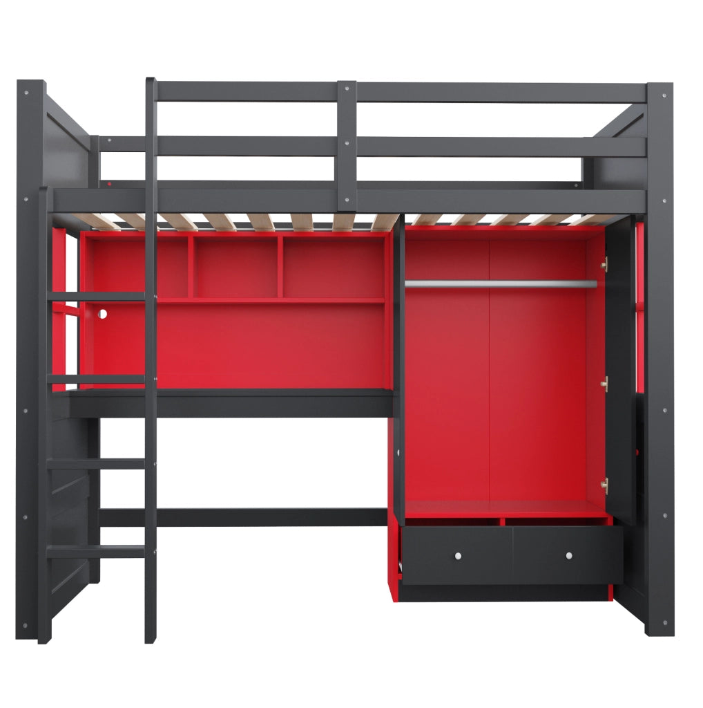 Hochbett 90x200 cm in legno; nero e rosso; con LED; prese; armadio e cassetti