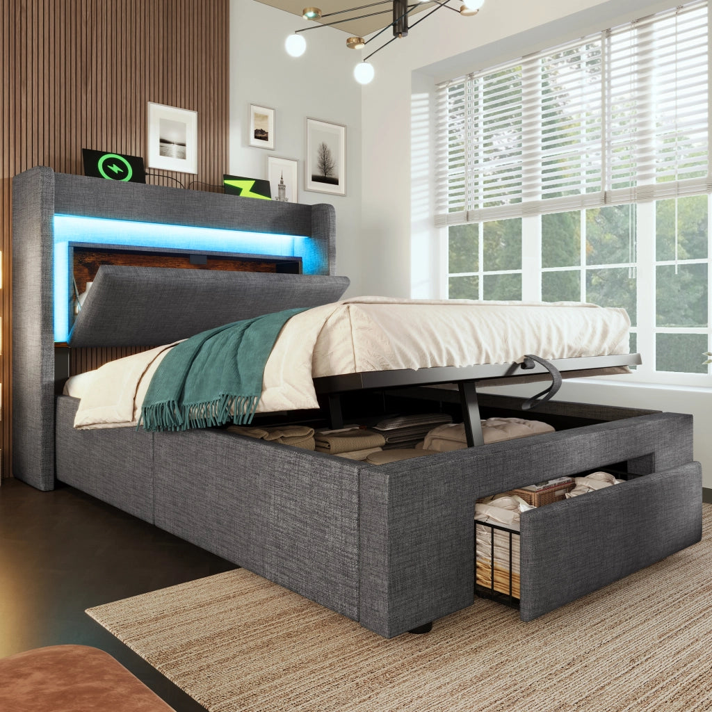Letto imbottito 90x200 cm con materasso e testiera USB-C