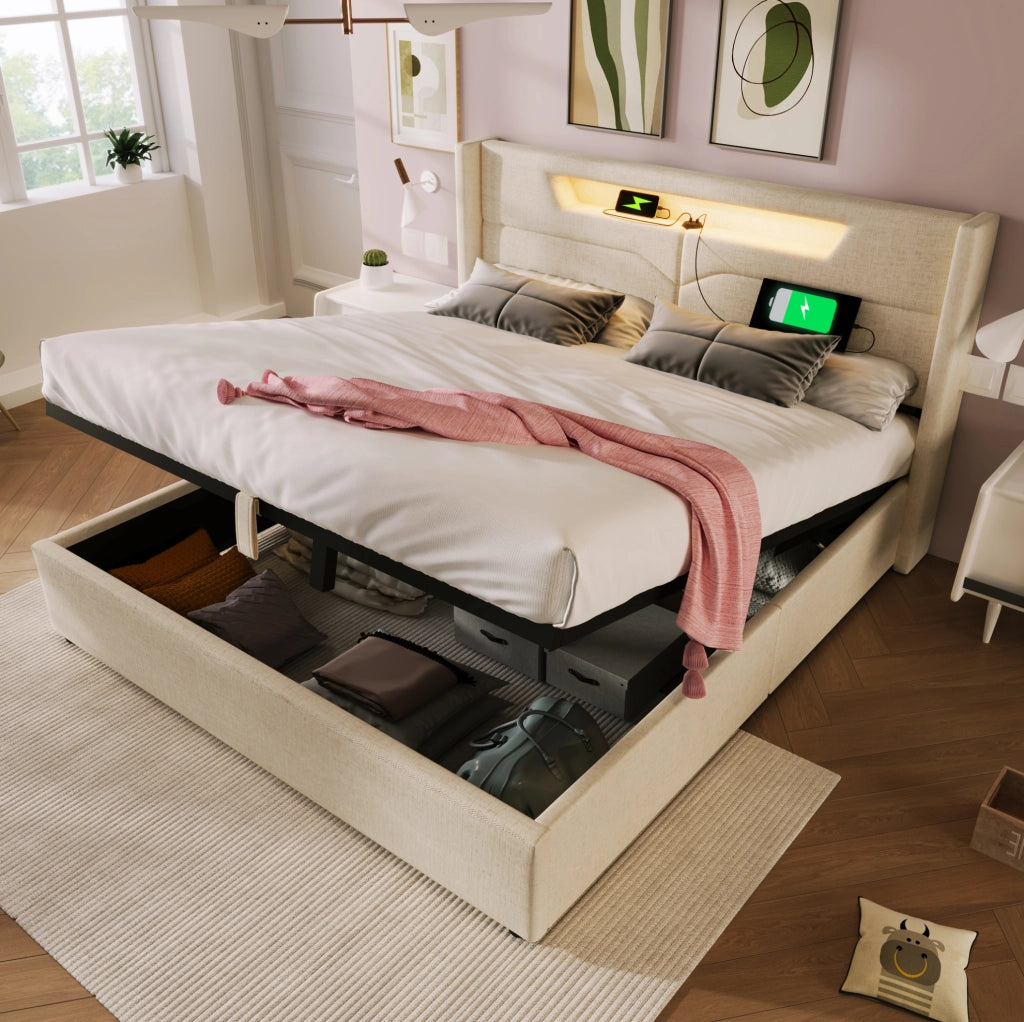 Letto matrimoniale imbottito 140x200 cm in lino beige con LED, USB e Type-C