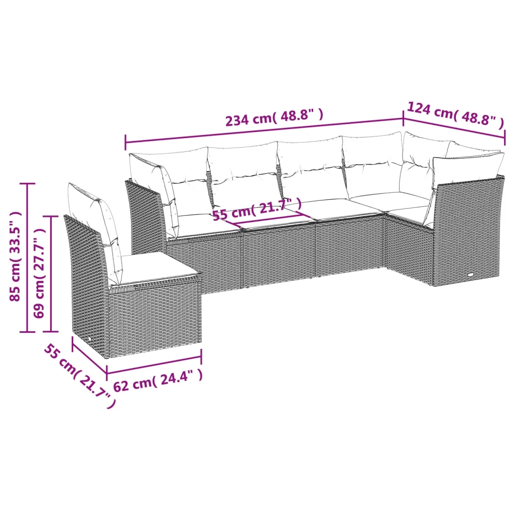 Set Divano da Giardino 6 pz con Cuscini Grigio in Polyrattan 3217700