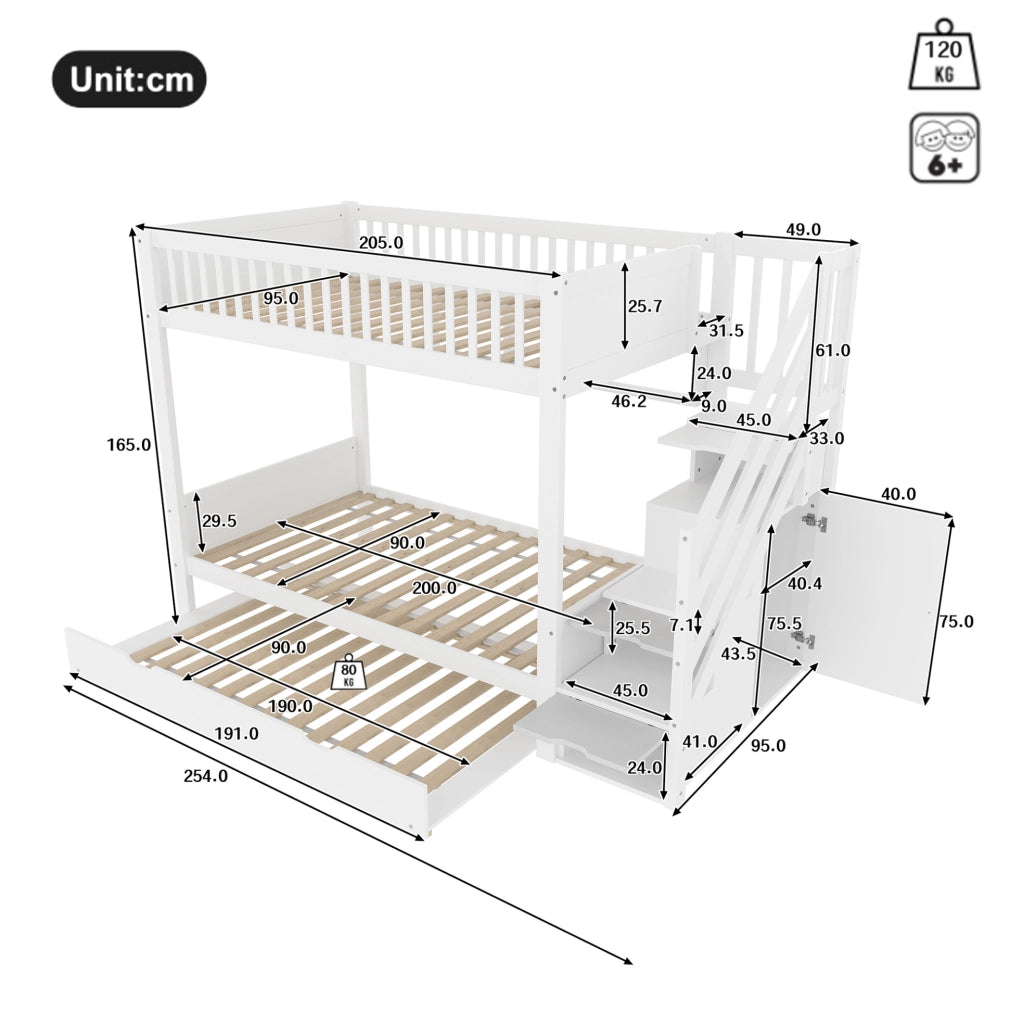 Letto a castello per bambini con letto estraibile, armadio, ripiani e scaletta contenitore, 90x200 cm, bianco