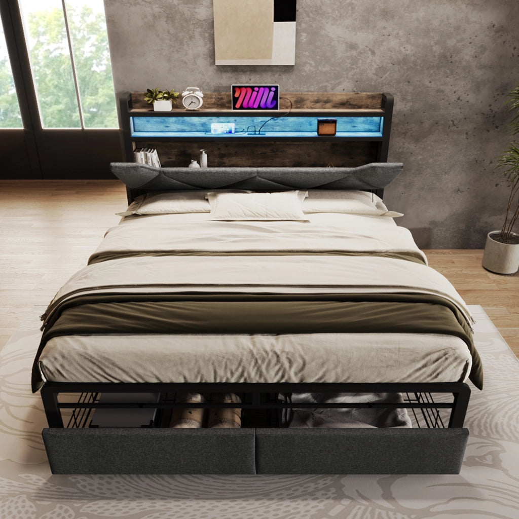 Letto imbottito 140x200 cm grigio con due cassetti
